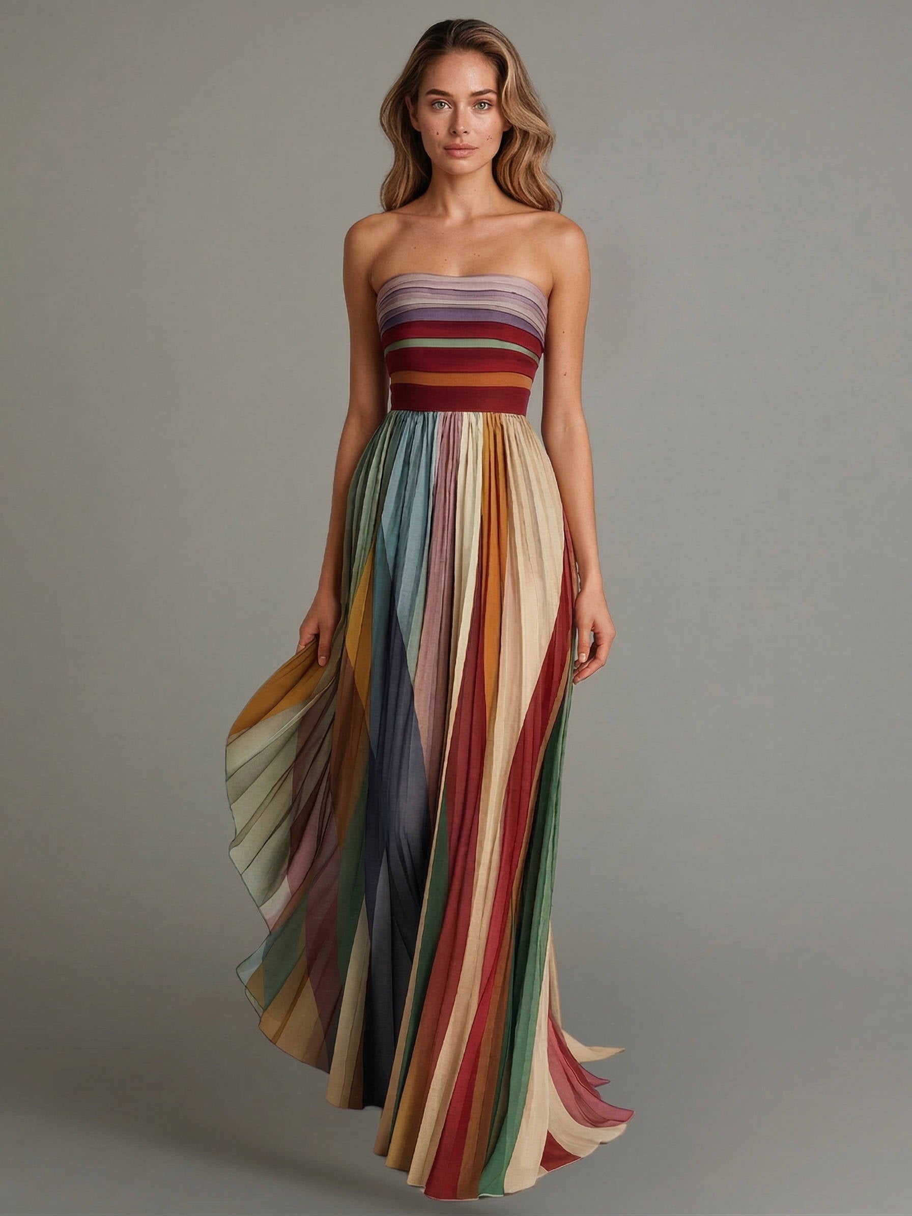 Strapless Pleated Chiffon Maxi Dress – Vertical Stripe Formal Gown – Lincks Clothing & Shoes