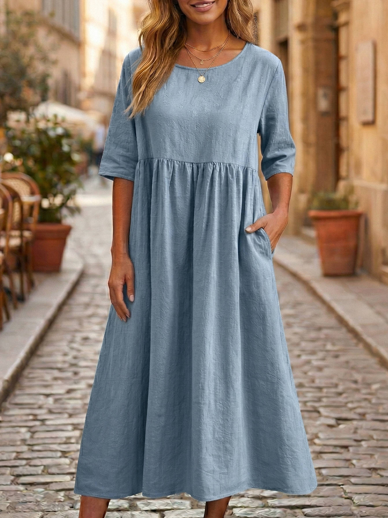 Linen A-Line Midi Dress with Pockets