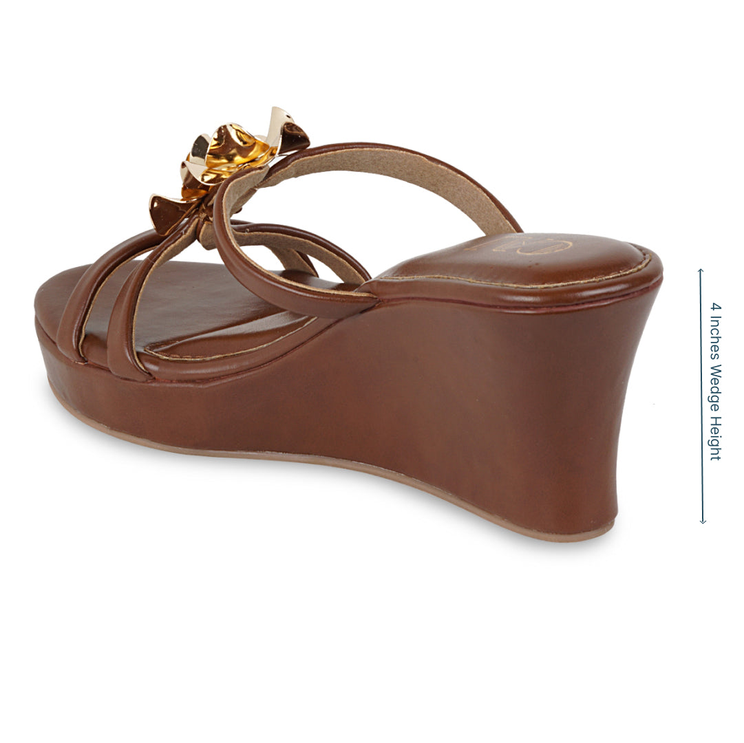 Women's Wedge Sandals | Tan Color, Floral Strap | Comfortable