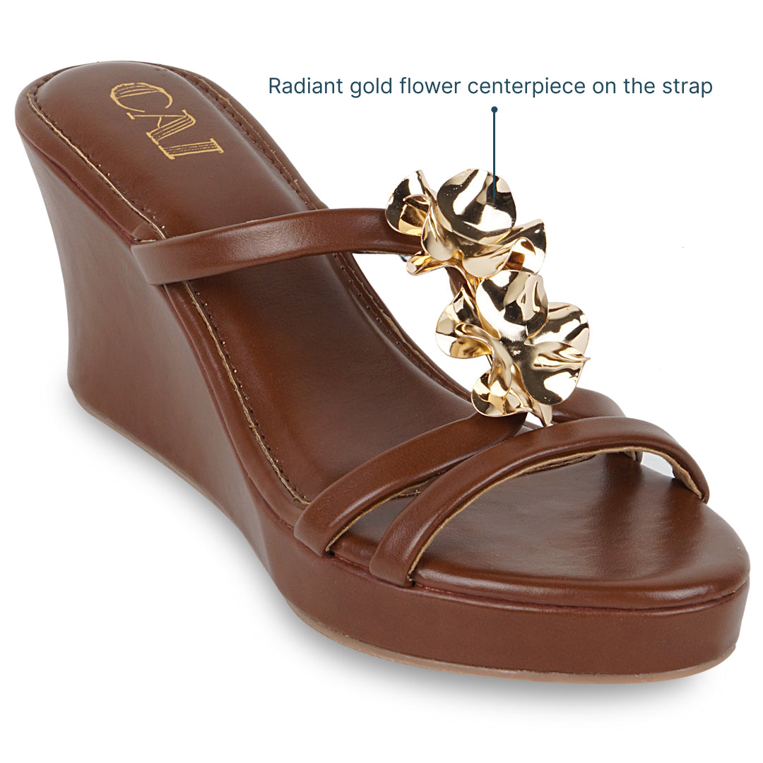 Women's Wedge Sandals | Tan Color, Floral Strap | Comfortable