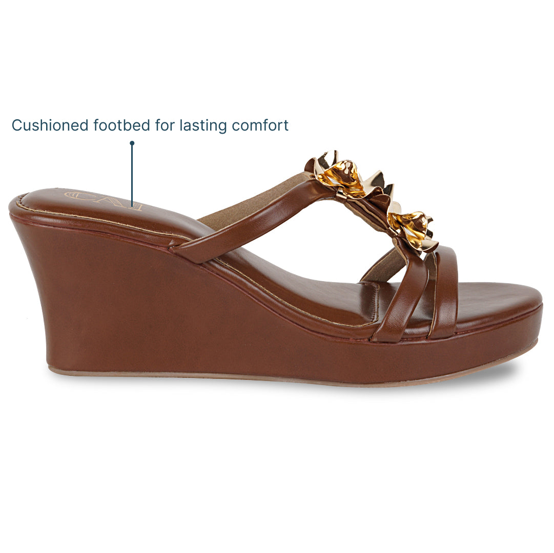 Women's Wedge Sandals | Tan Color, Floral Strap | Comfortable