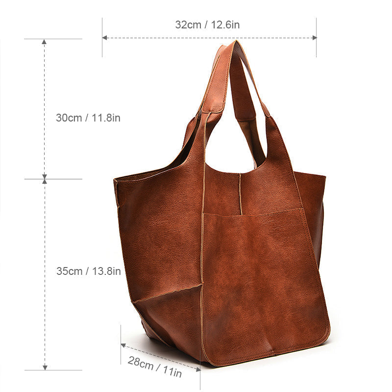 Oversized Vintage Leather Shoulder Bag - Retro Tote