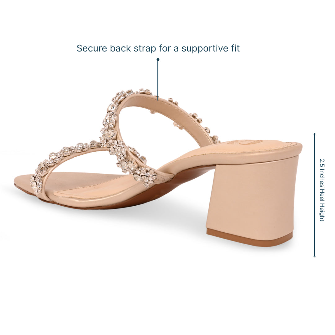 Women's Block Heel Sandals | Gold Embellished, Two Strap
