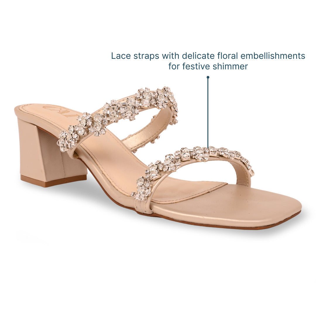 Women's Block Heel Sandals | Gold Embellished, Two Strap