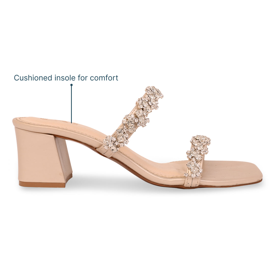 Women's Block Heel Sandals | Gold Embellished, Two Strap