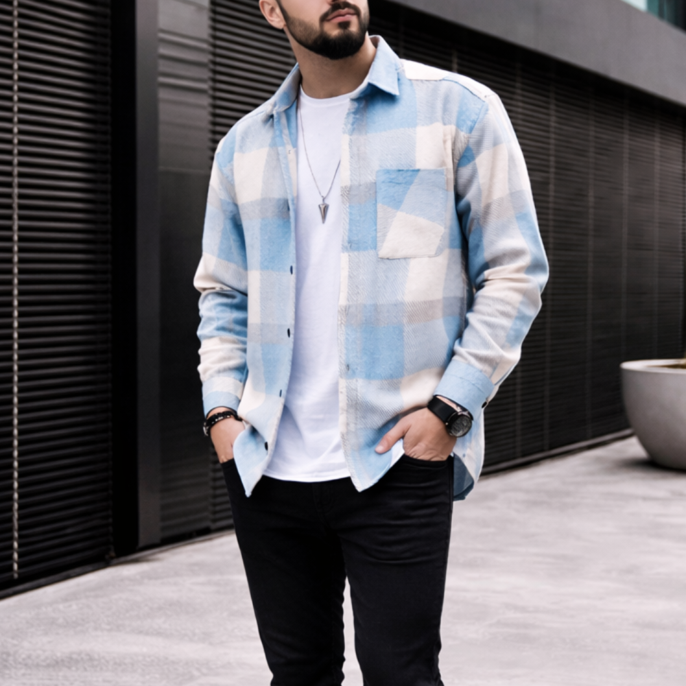 Blue Plaid Button-Up Shirt for Men | Stylish, Comfortable | Casual