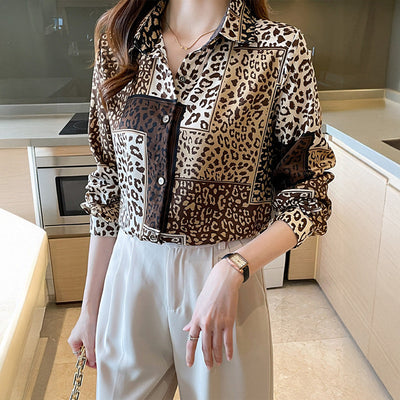 Women's Casual Leopard Print Shirt – Vacation Style with Button & Long Sleeves