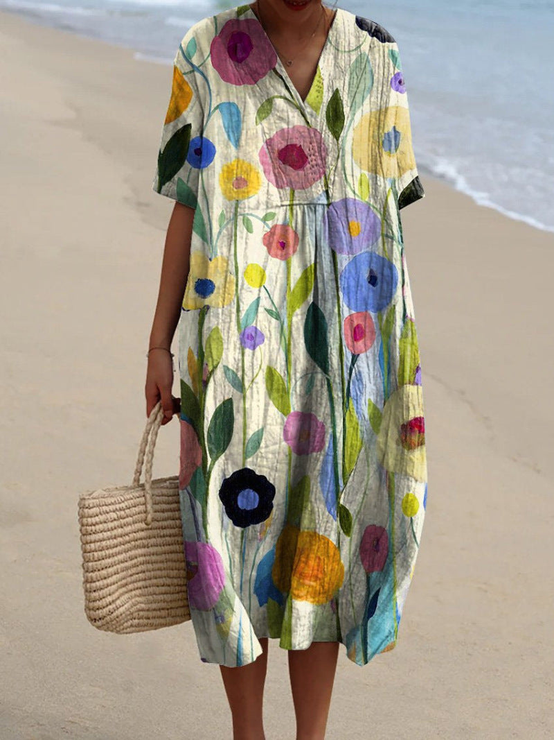 Floral Summer Dress Women | V-Neck, Colorful Blooms | Casual