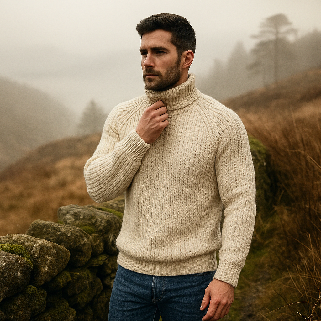 Men's Chunky Wool Sweater - Thick Knit - High Collar