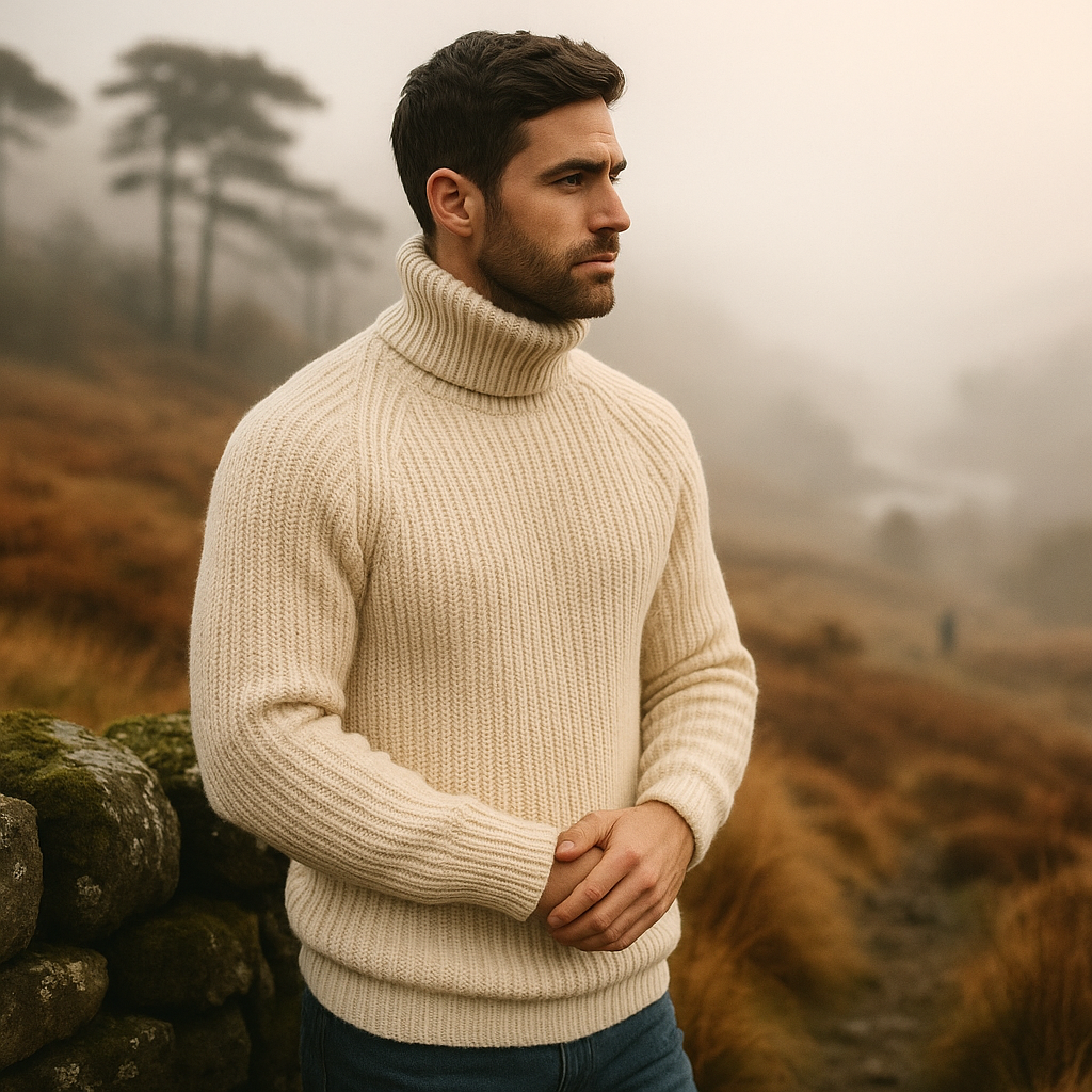 Men's Chunky Wool Sweater - Thick Knit - High Collar