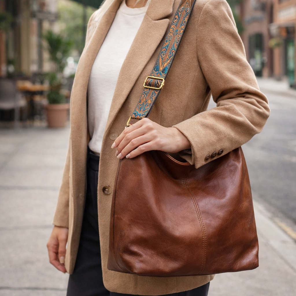 Vintage Leather Shoulder Bag with Adjustable Embroidered Strap