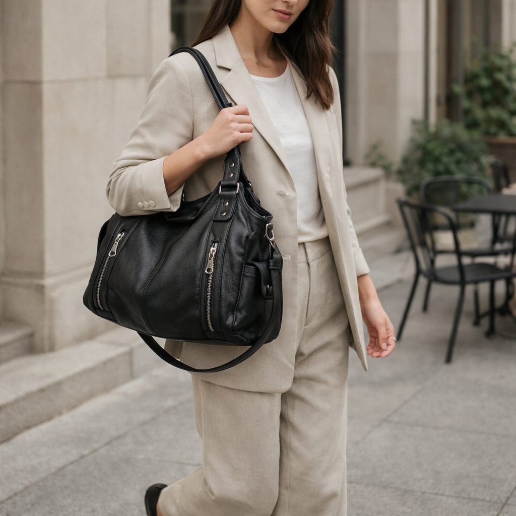 Soft Leather Everyday Shoulder Bag with Pockets