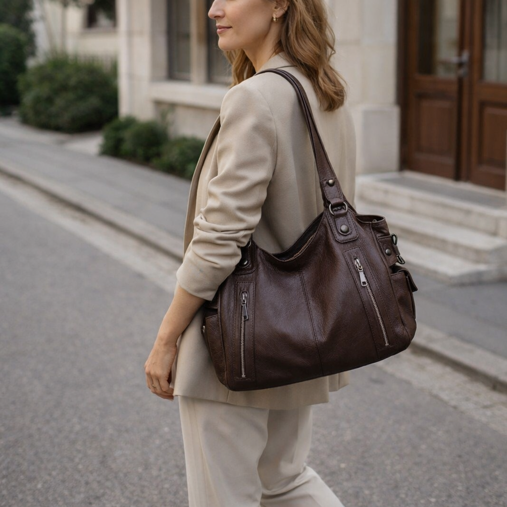 Soft Leather Everyday Shoulder Bag with Pockets