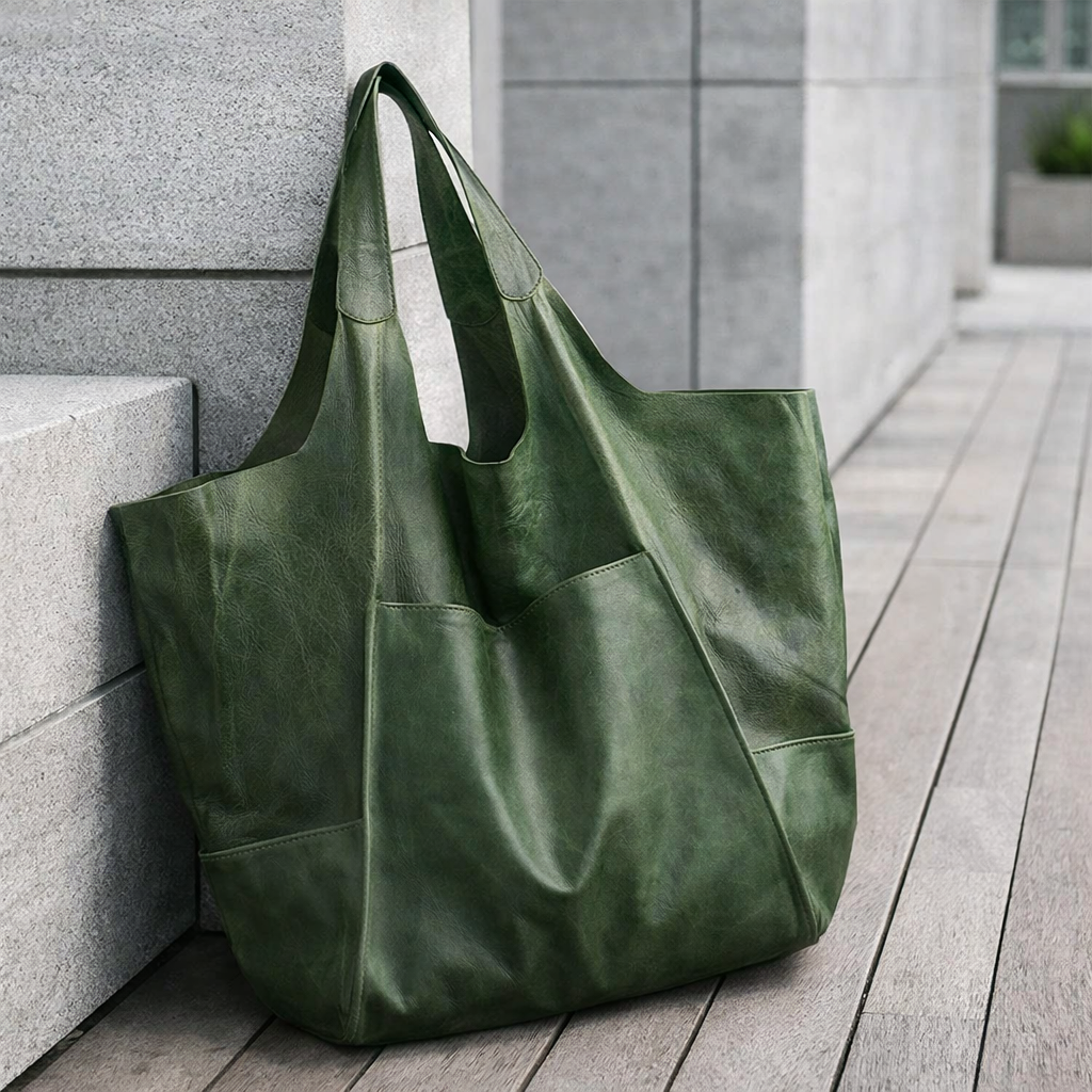 Oversized Vintage Leather Shoulder Bag - Retro Tote