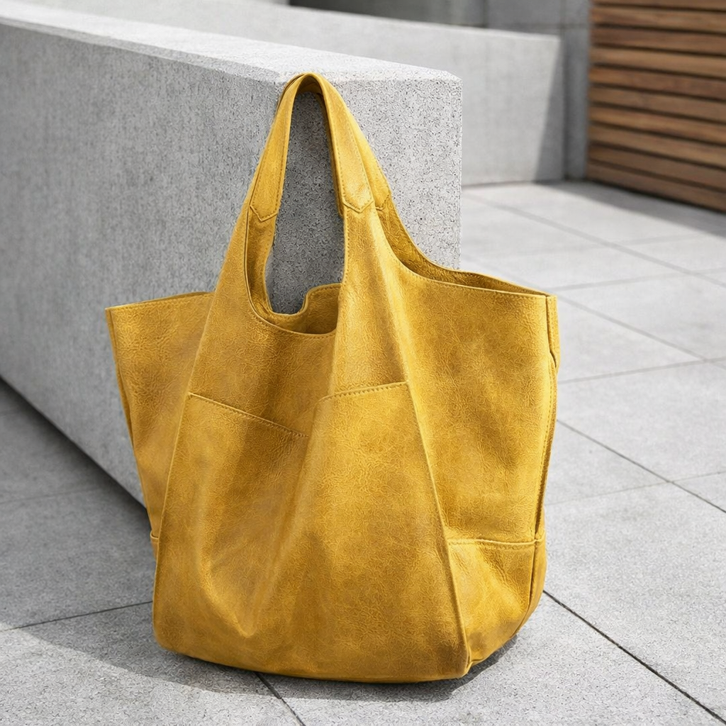 Oversized Vintage Leather Shoulder Bag - Retro Tote
