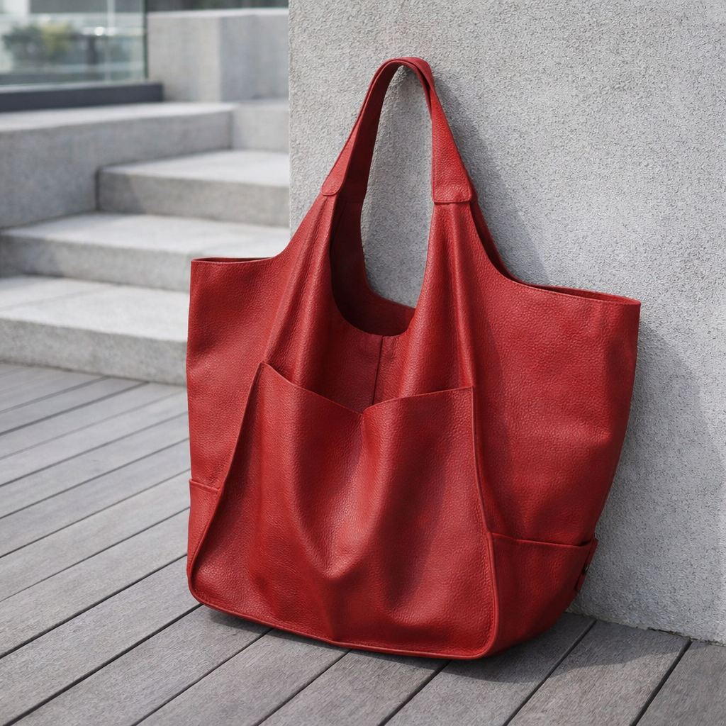 Oversized Vintage Leather Shoulder Bag - Retro Tote