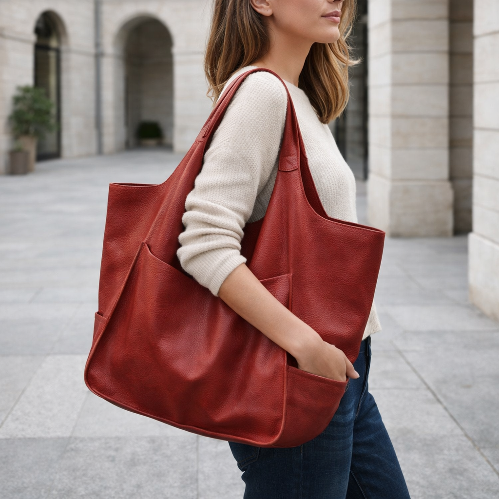 Oversized Vintage Leather Shoulder Bag - Retro Tote