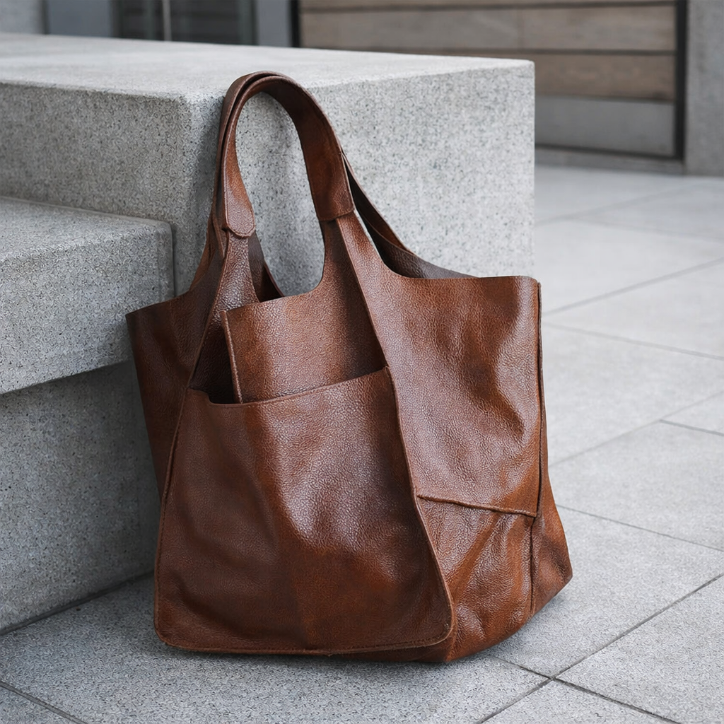 Oversized Vintage Leather Shoulder Bag - Retro Tote