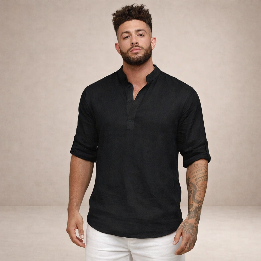 Men's Linen Shirt | Regular Fit, Long Sleeves, Standing Collar