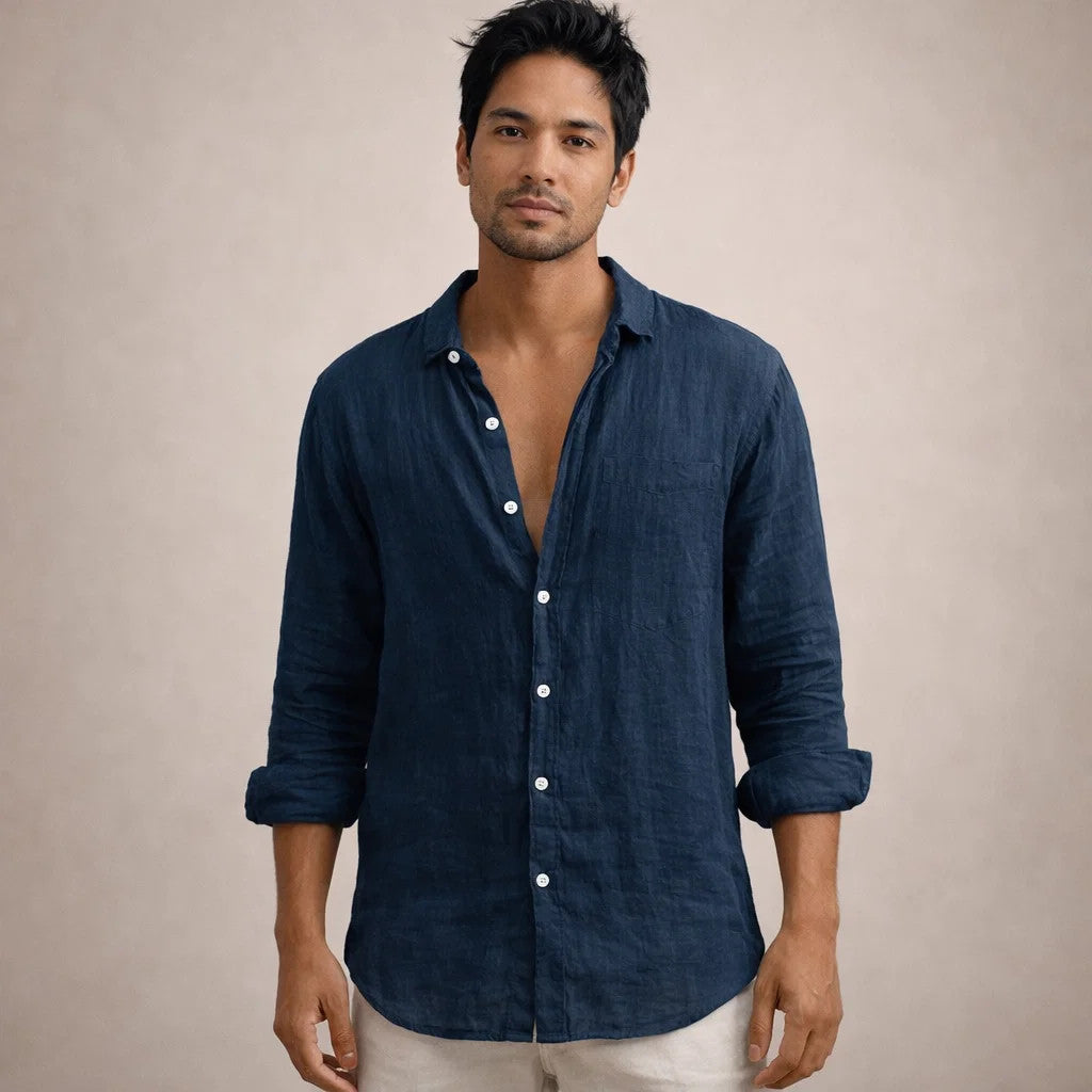 Men's Linen Shirt | Breathable, Open Collar, Long Sleeve