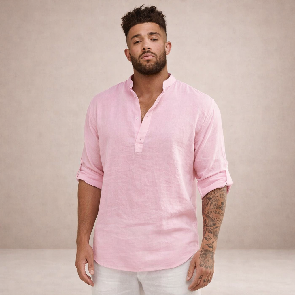 Men's Linen Shirt | Regular Fit, Long Sleeves, Standing Collar
