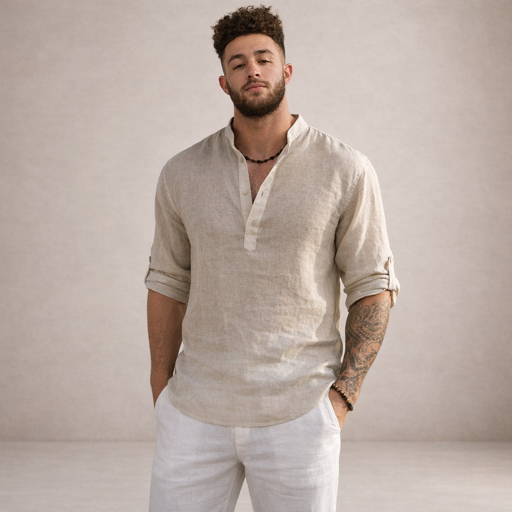 Men's Linen Shirt | Regular Fit, Long Sleeves, Standing Collar