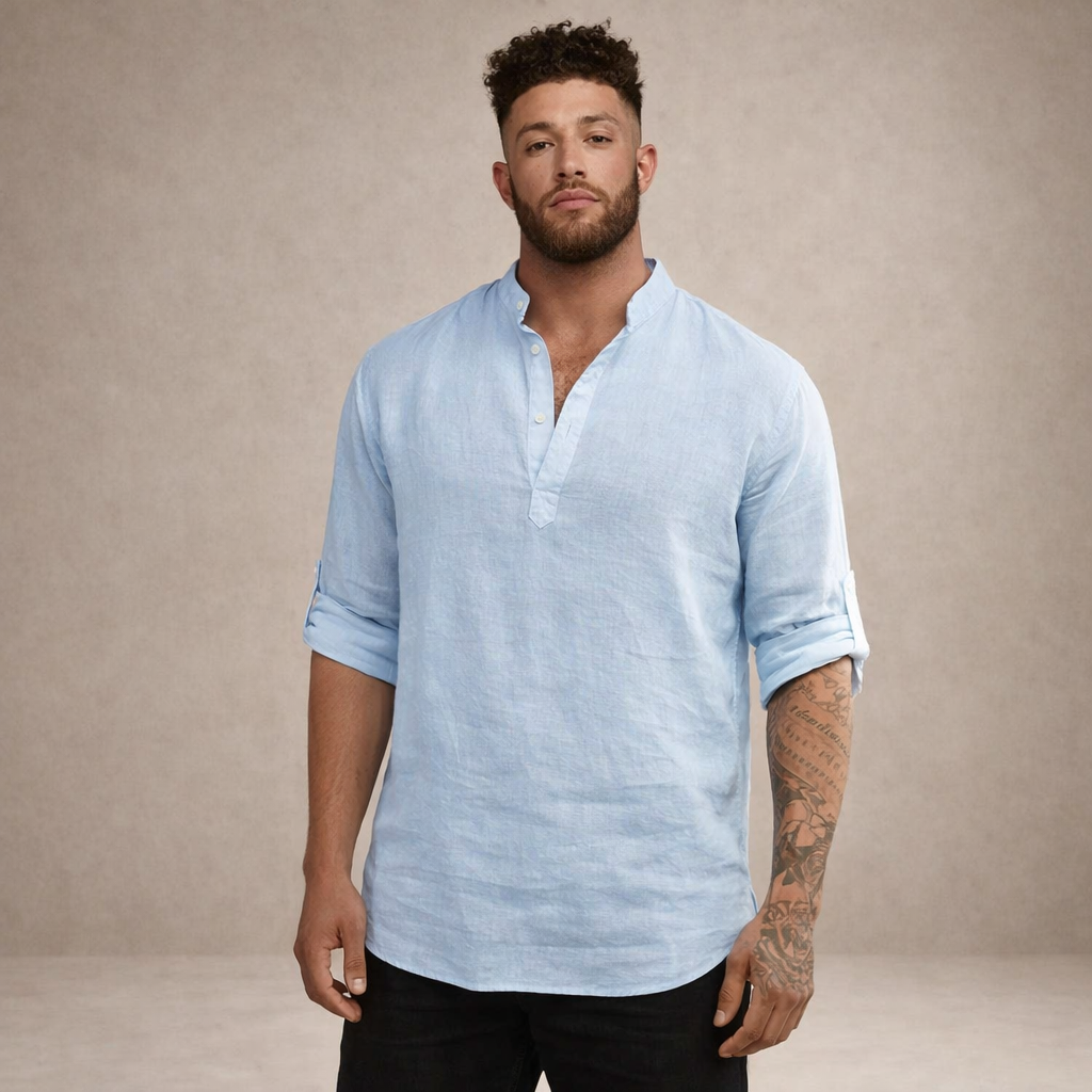 Men's Linen Shirt | Regular Fit, Long Sleeves, Standing Collar