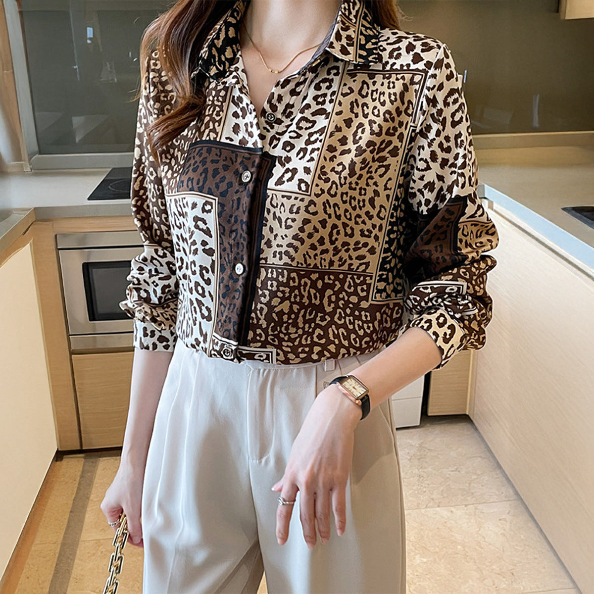Women's Casual Leopard Print Shirt – Vacation Style with Button & Long Sleeves