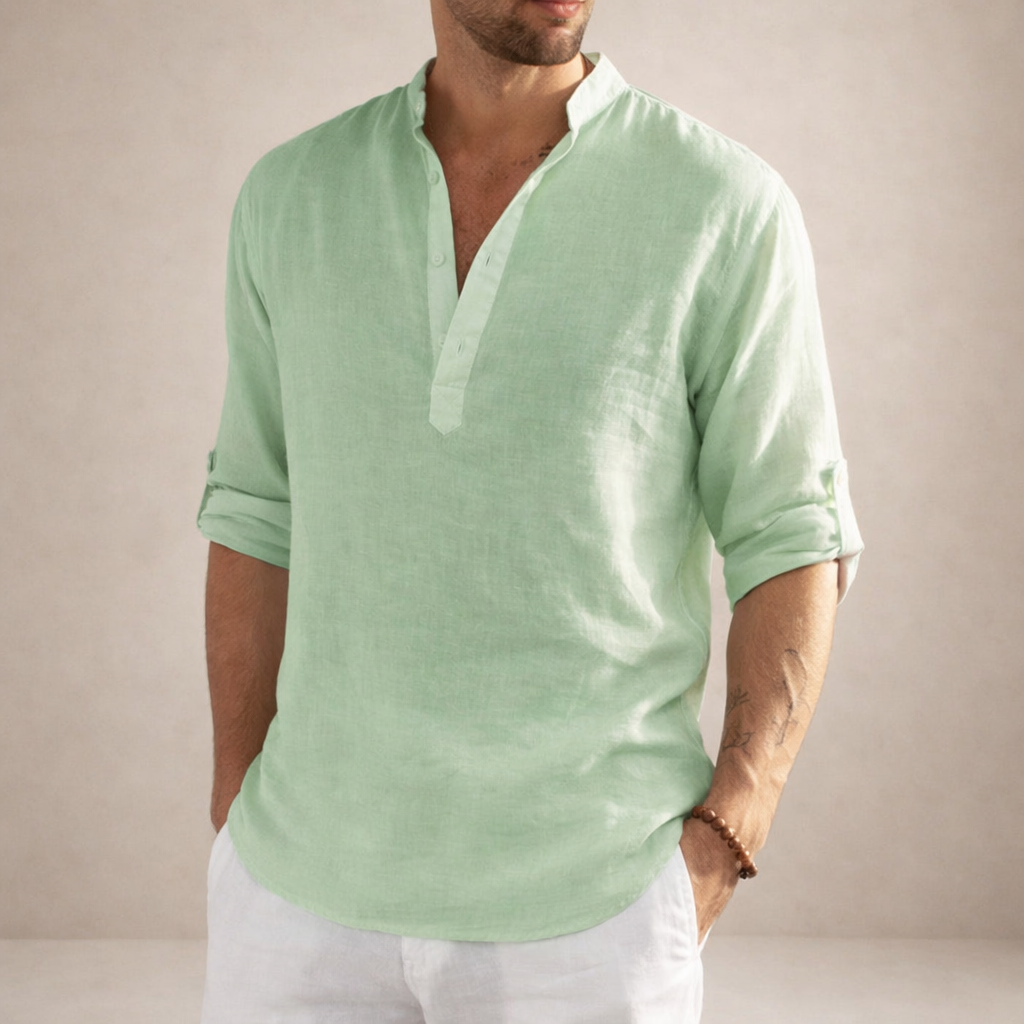 Men's Linen Shirt | Regular Fit, Long Sleeves, Standing Collar