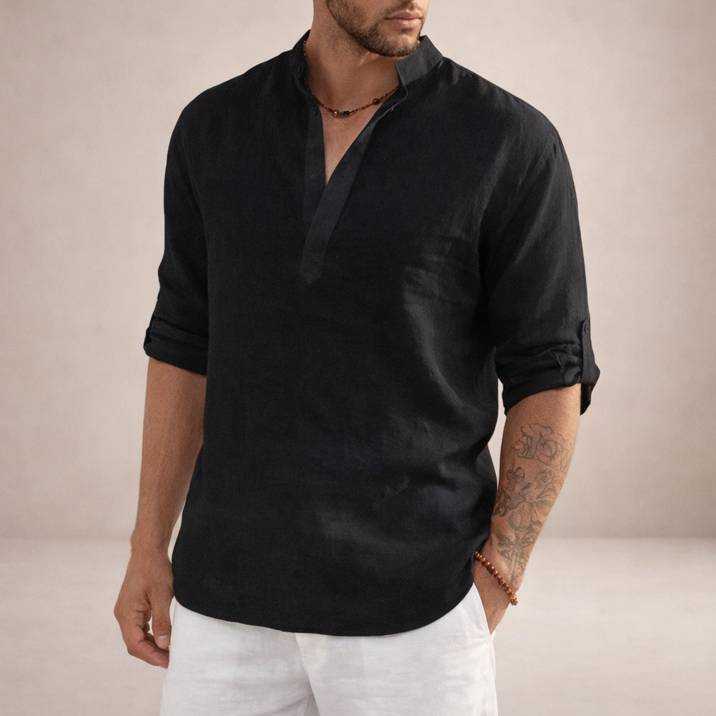 Men's Linen Shirt | Regular Fit, Long Sleeves, Standing Collar