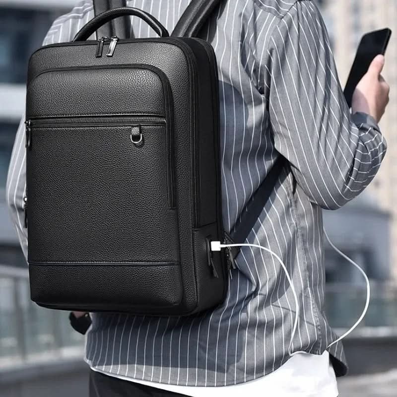 Elegant Leather Laptop Backpack with USB Charging