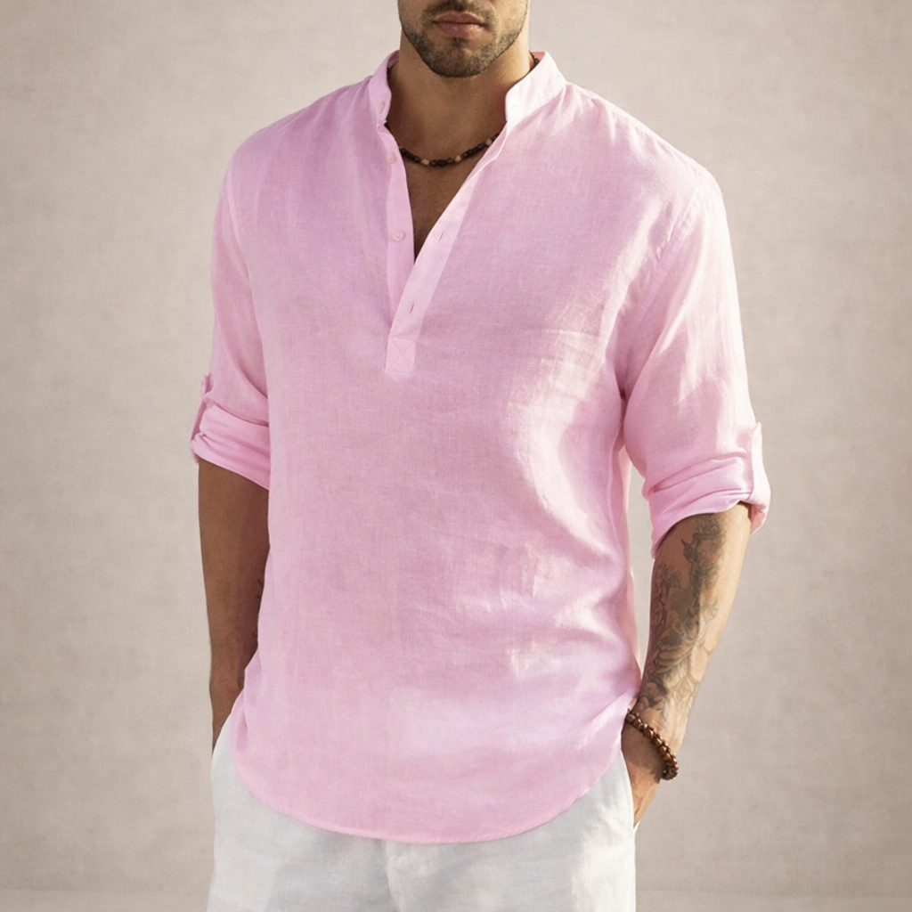 Men's Linen Shirt | Regular Fit, Long Sleeves, Standing Collar