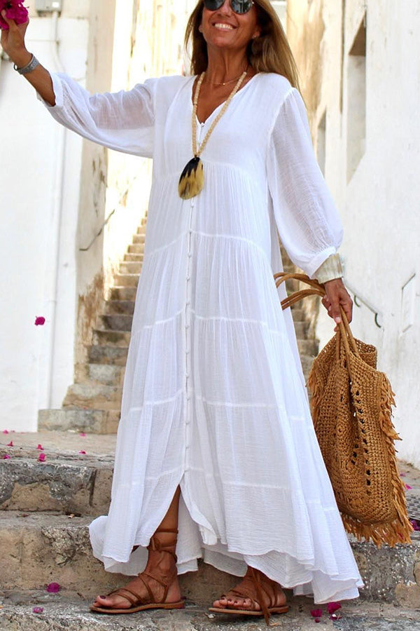 Cotton Maxi Dress | Button Front, Tiered Design | White, Blue, Yellow