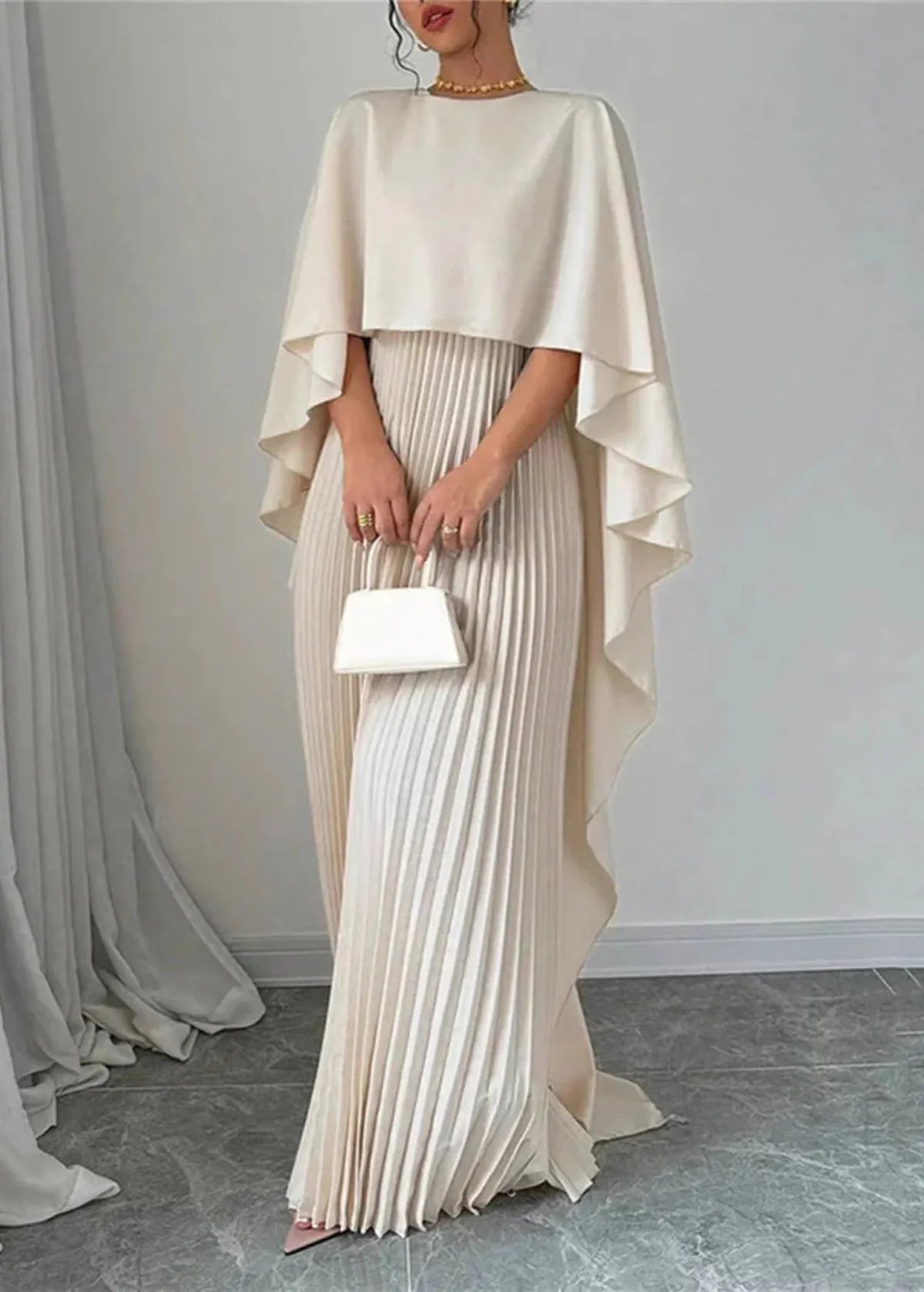 Mira | Women’s Wedding Guest Pleated Cape Maxi Dress
