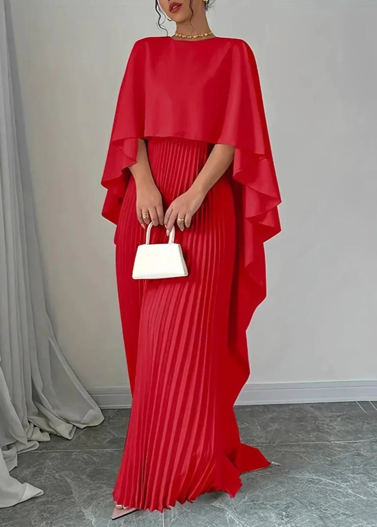 Mira | Women’s Wedding Guest Pleated Cape Maxi Dress