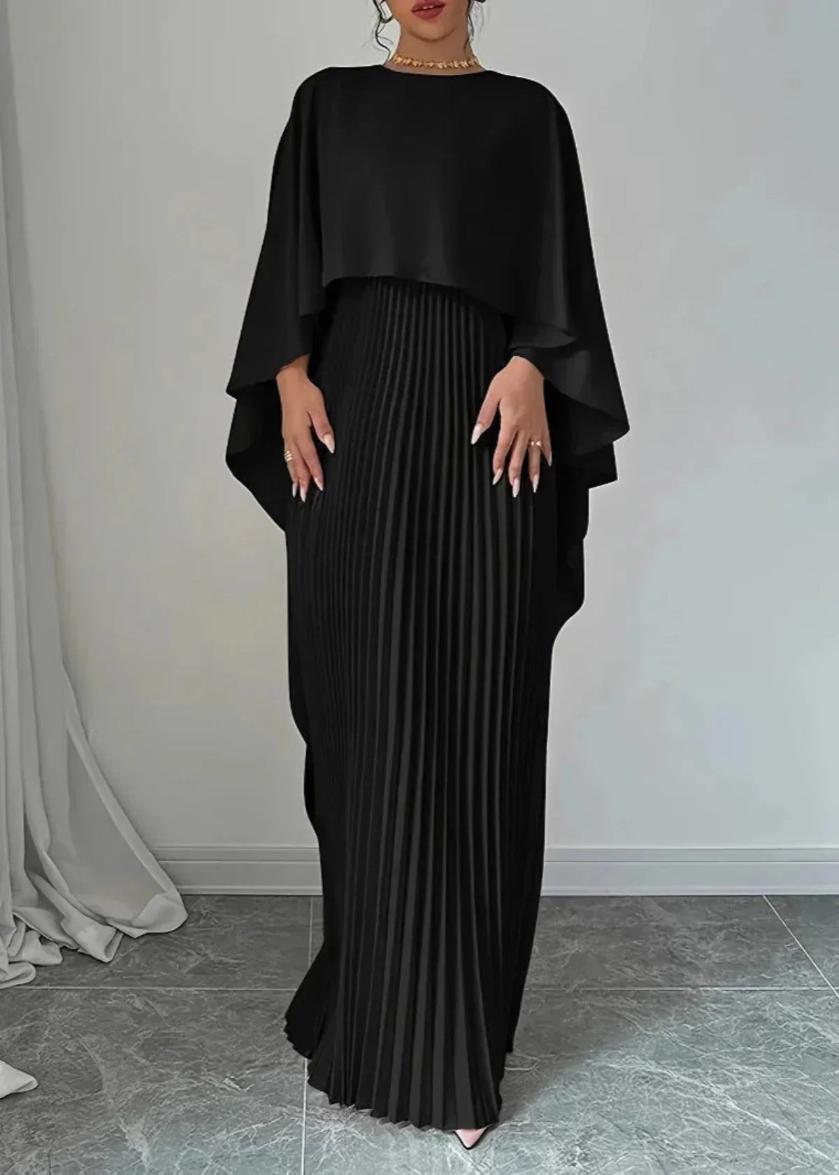 Mira | Women’s Wedding Guest Pleated Cape Maxi Dress