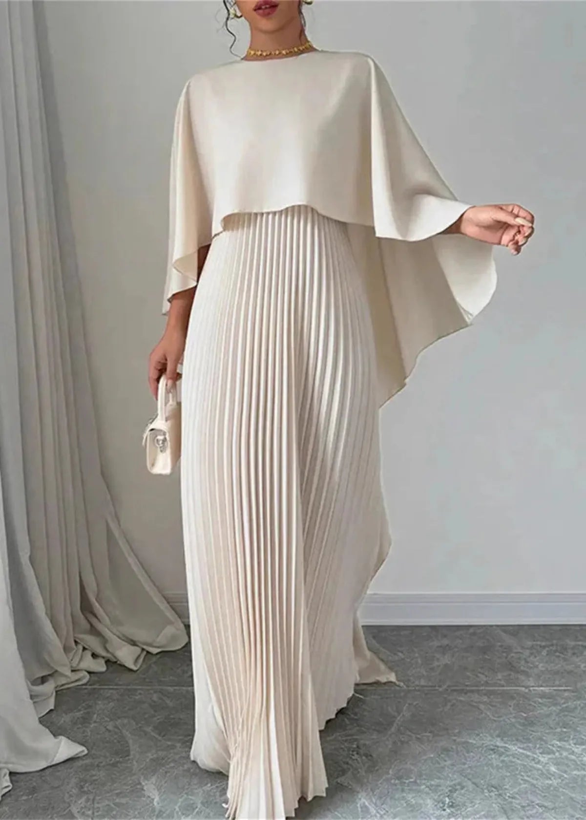 Mira | Women’s Wedding Guest Pleated Cape Maxi Dress