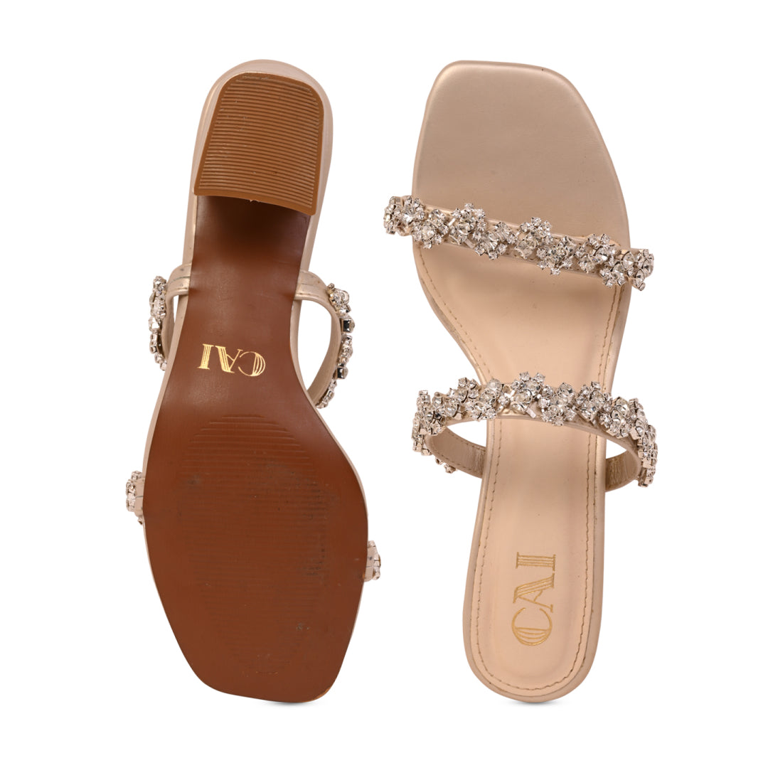 Women's Block Heel Sandals | Gold Embellished, Two Strap