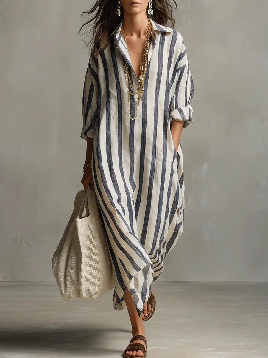 Women's Maxi Dress | Striped Linen, Shirt Collar | Summer