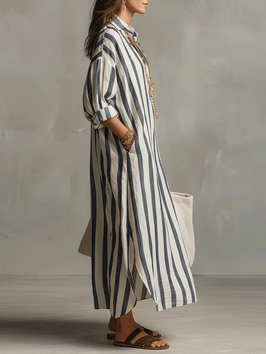 Women's Maxi Dress | Striped Linen, Shirt Collar | Summer