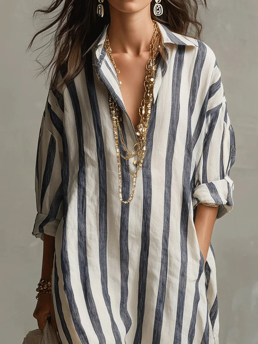 Women's Maxi Dress | Striped Linen, Shirt Collar | Summer