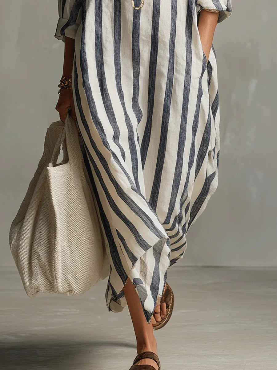 Women's Maxi Dress | Striped Linen, Shirt Collar | Summer