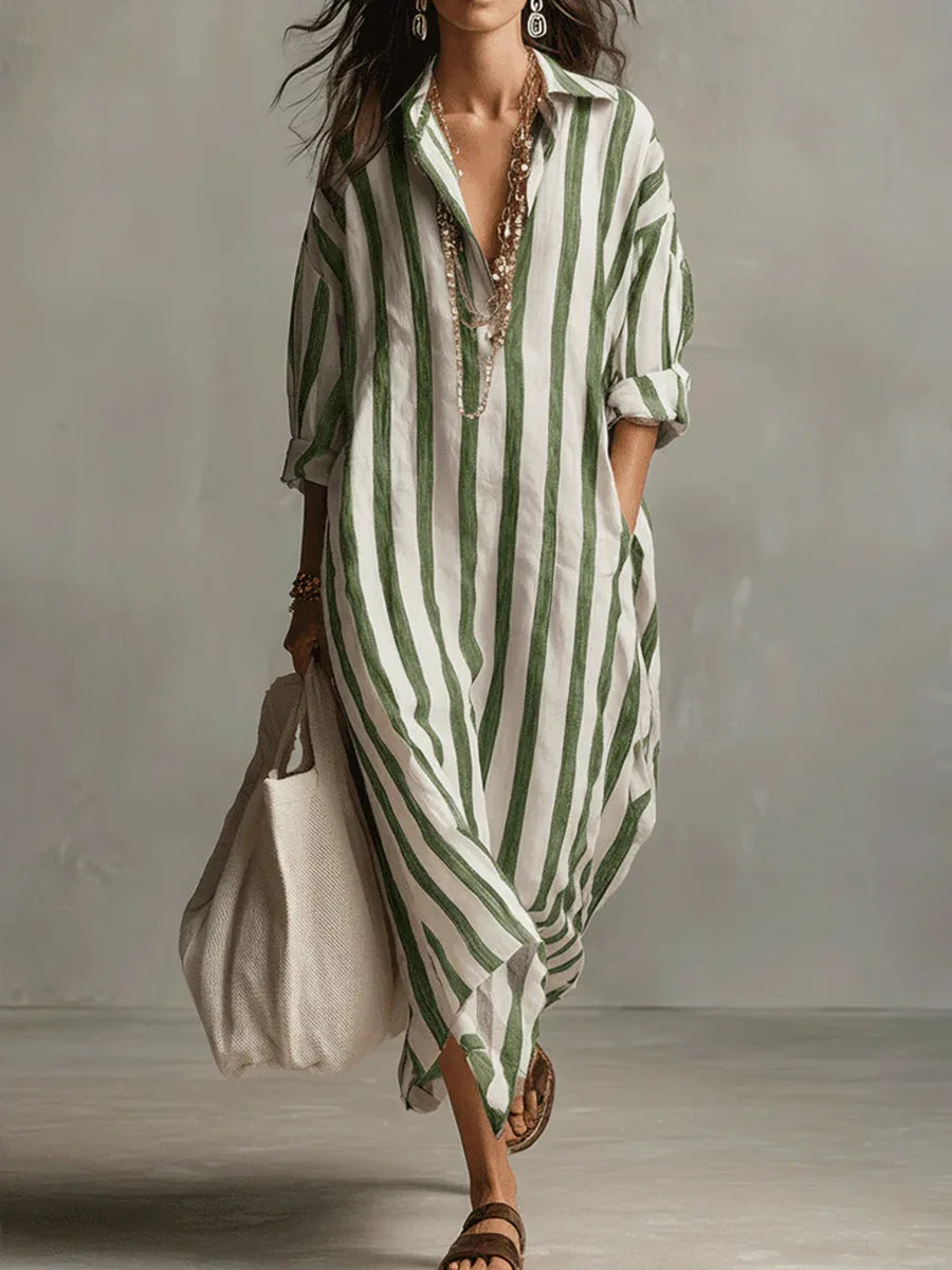 Women's Maxi Dress | Striped Linen, Shirt Collar | Summer