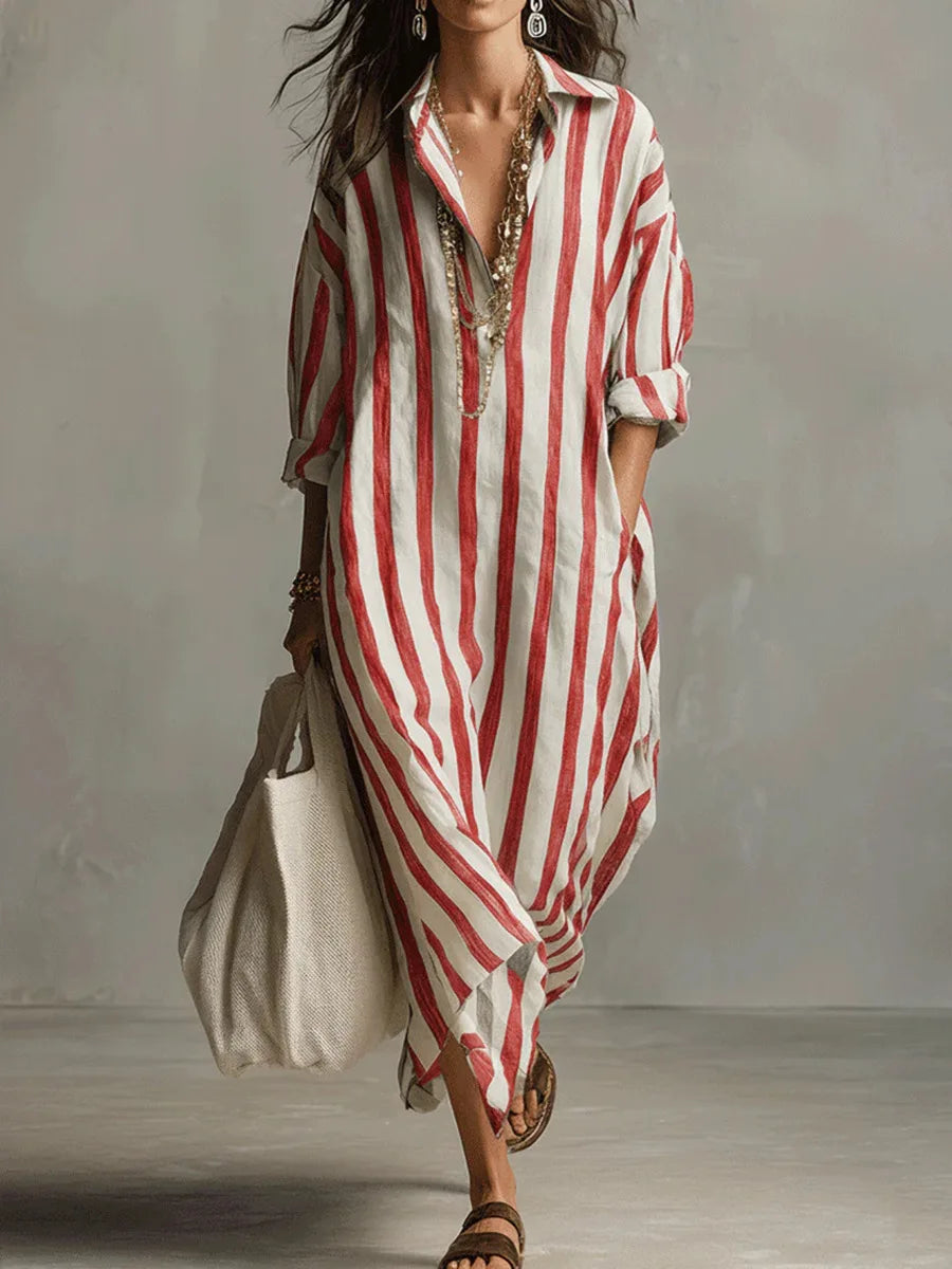 Women's Maxi Dress | Striped Linen, Shirt Collar | Summer