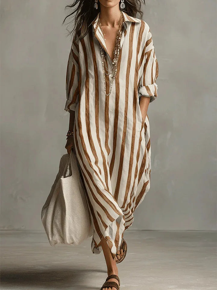 Women's Maxi Dress | Striped Linen, Shirt Collar | Summer