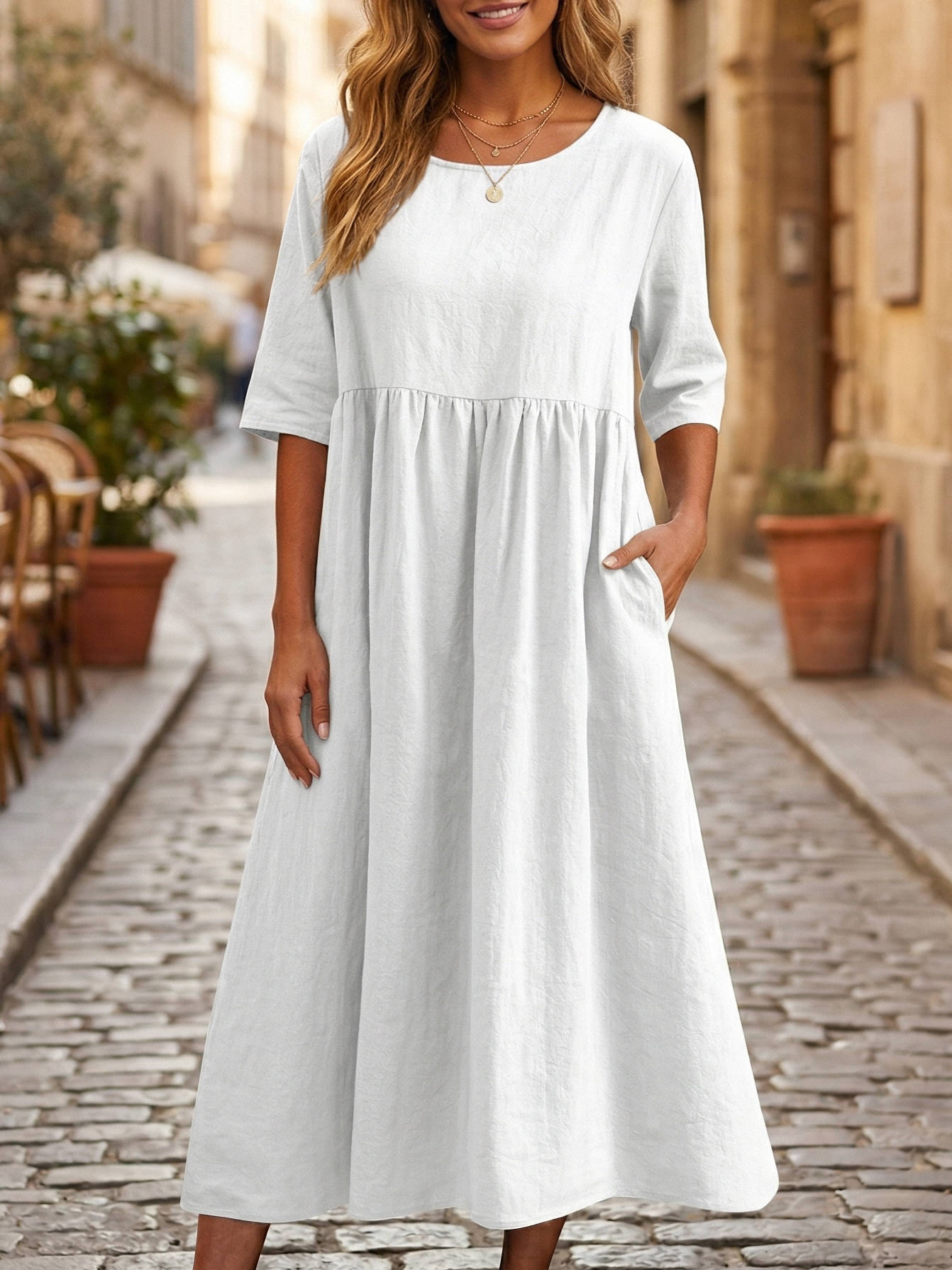 Linen A-Line Midi Dress with Pockets