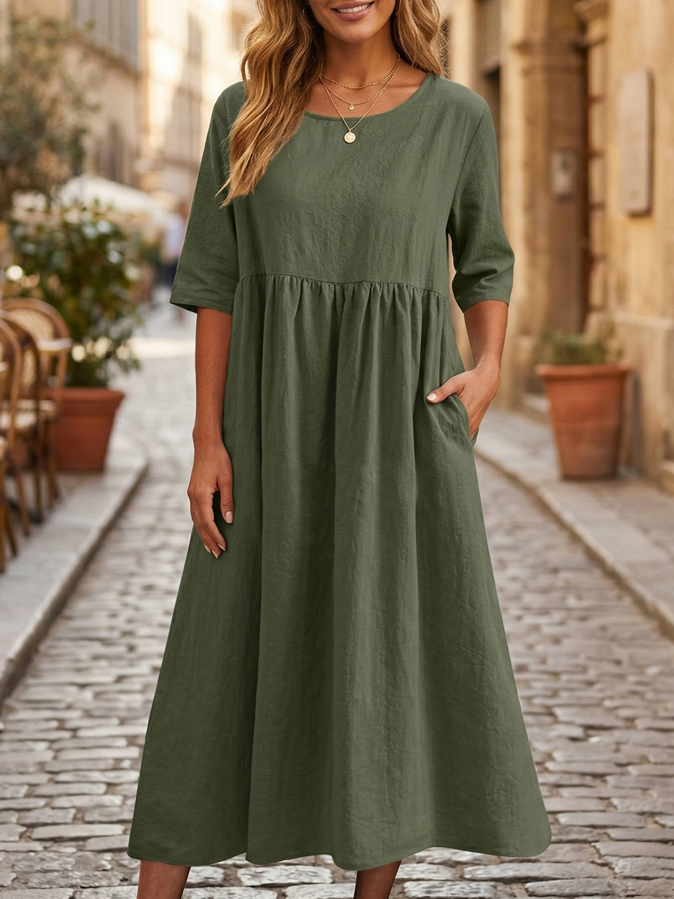 100% Linen A Line Midi Dress