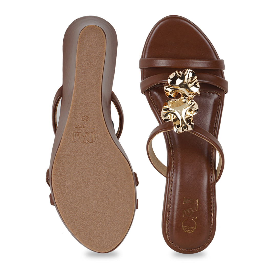 Women's Wedge Sandals | Tan Color, Floral Strap | Comfortable