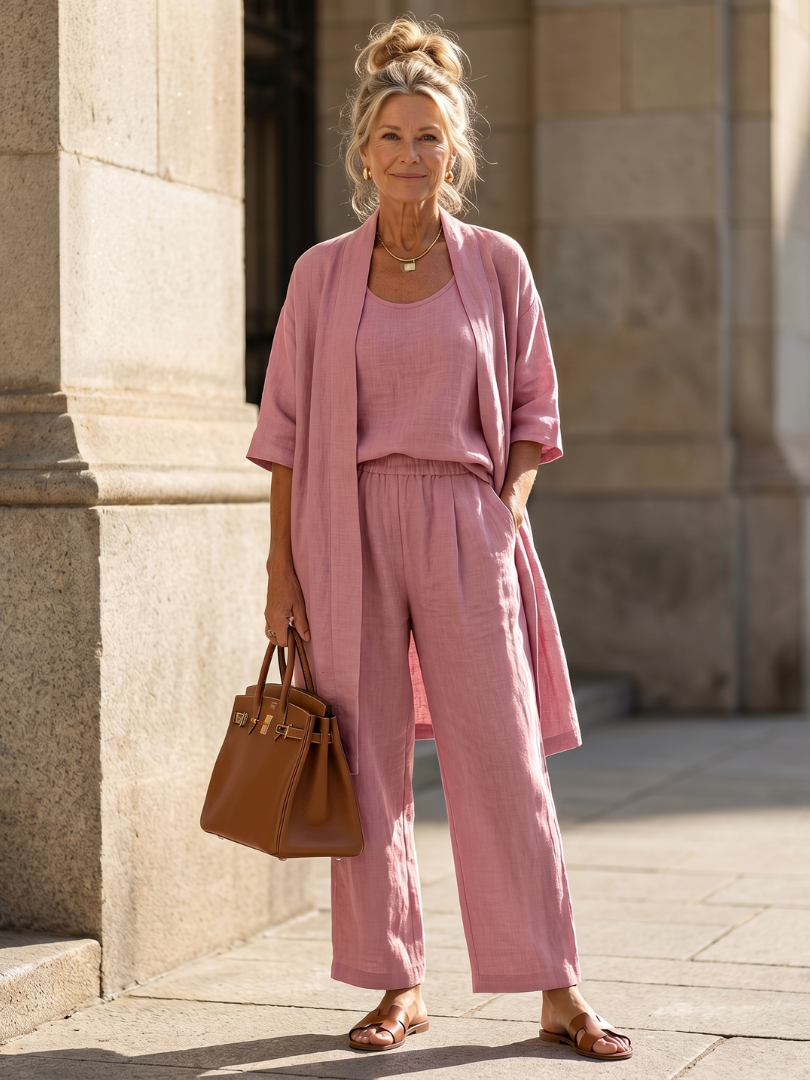 Women's Linen Set | Three-Piece Cardigan, Wide-Leg Pants