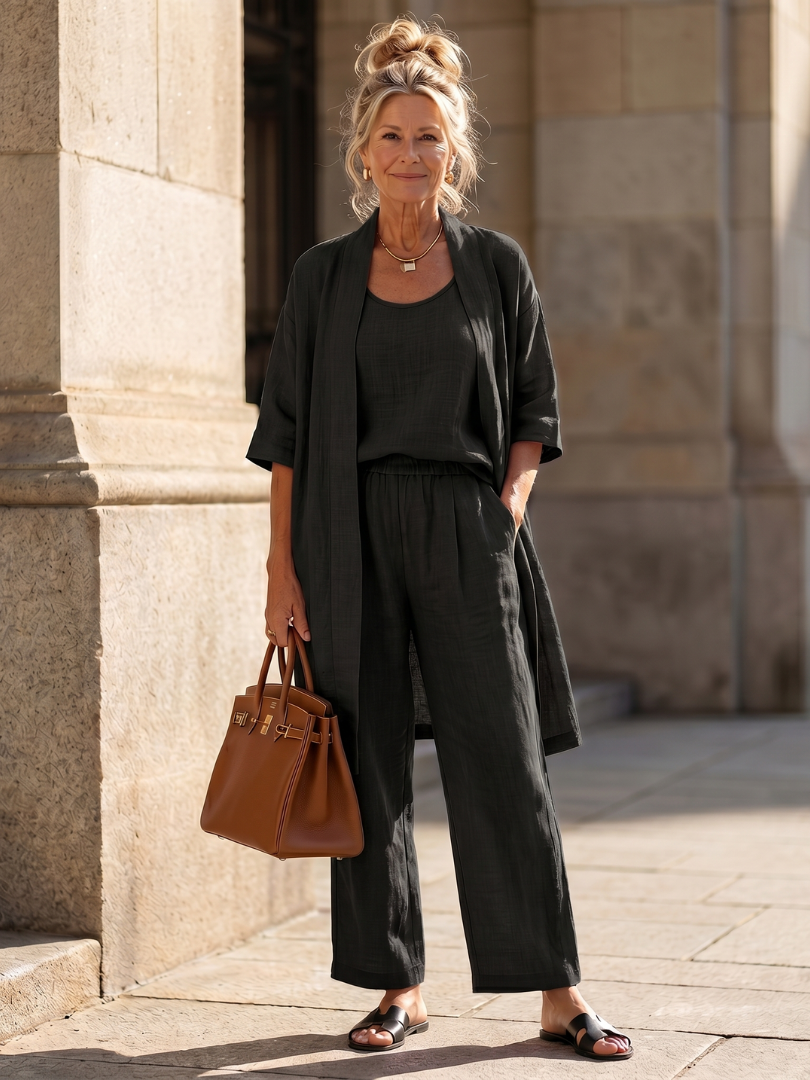 Women's Linen Set | Three-Piece Cardigan, Wide-Leg Pants